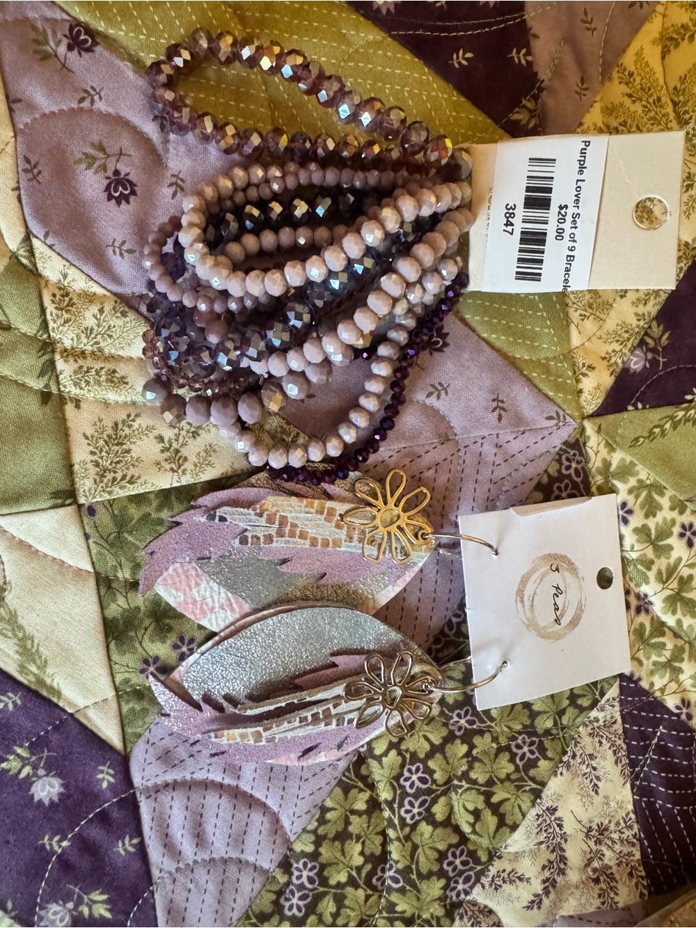 Purple Beaded Bracelet Stack & Leather Fringe Flower Earrings